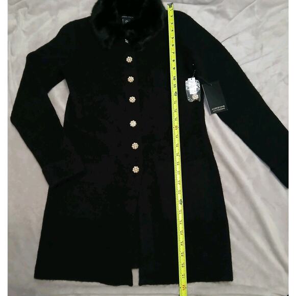 Adrienne Vittadini Women S Black Faux Fur Collar Long Knit Sweater Flower Button - Picture 3 of 7